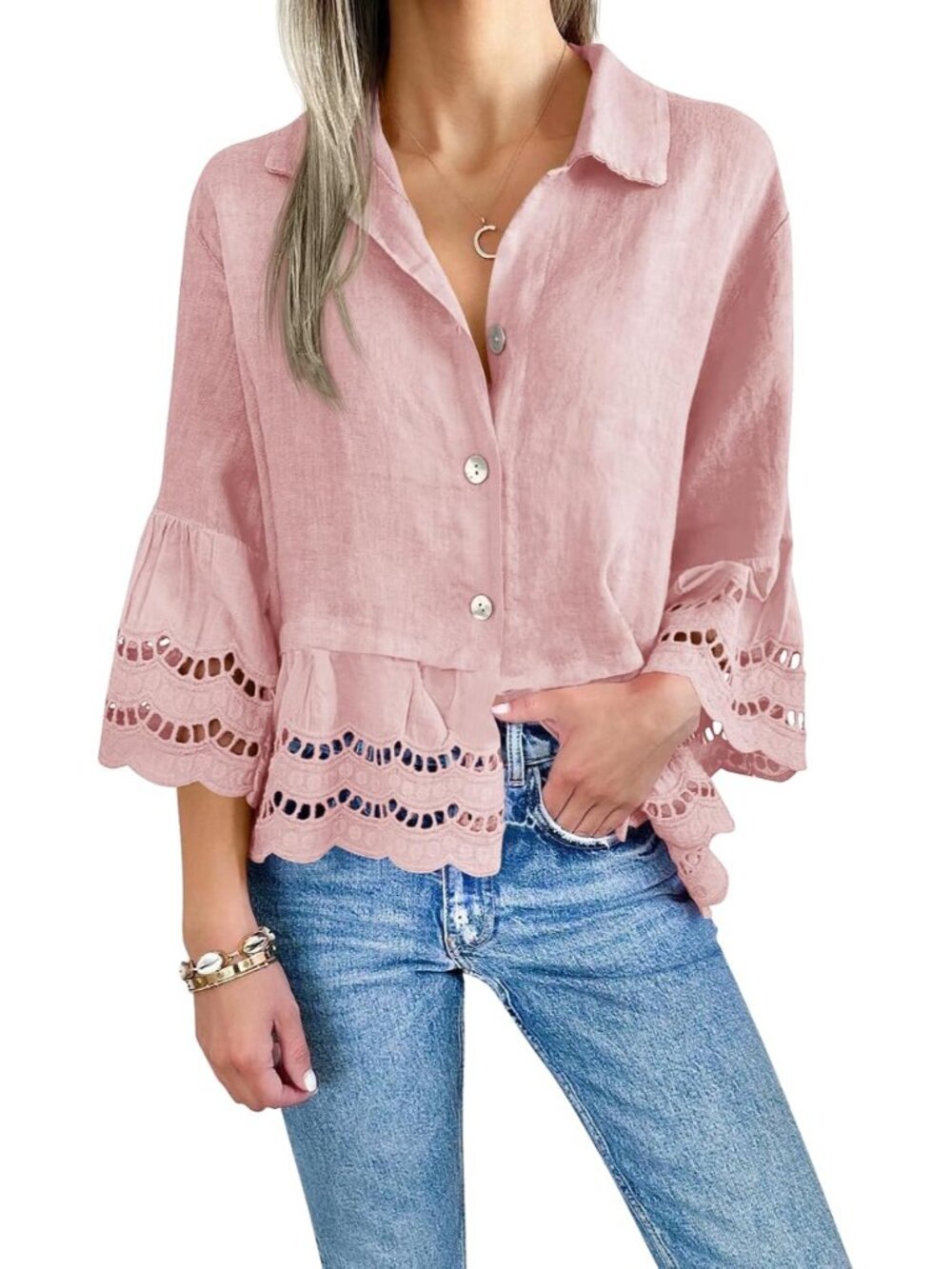 Womens 3/4 Bell Sleeve Button Down Shirt Casual Top Eyelet Blouse